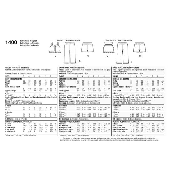 Simplicity 1400A snitmønster